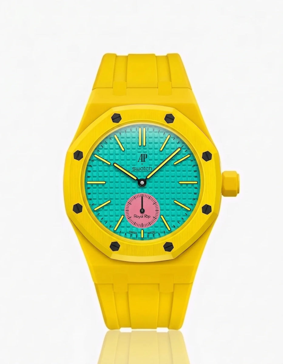 Swatch x Audemars Piguet AP Bioceramic Royal Pop Savonnette Otg Roz on a Yellow Rubber Strap & Case