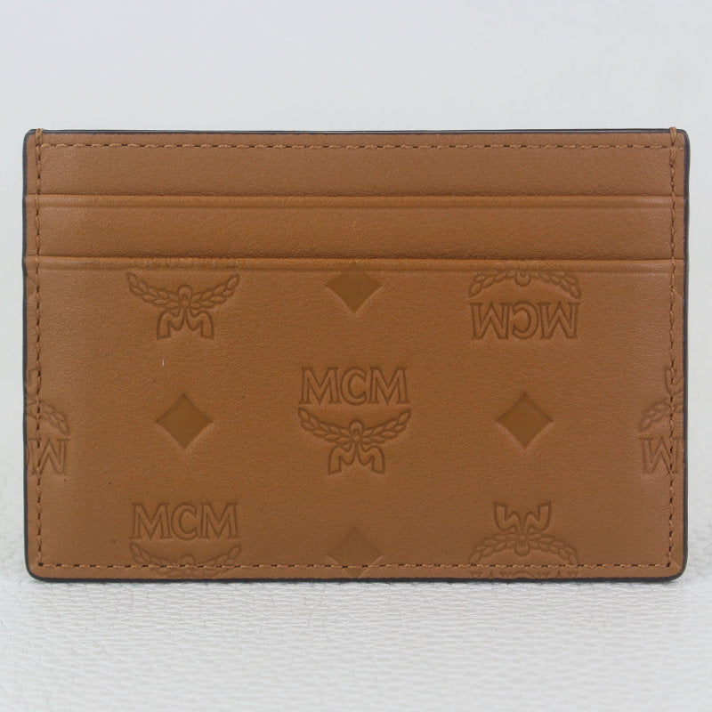 MCM Aren Card Case in Embossed Monogram Leather Cognac