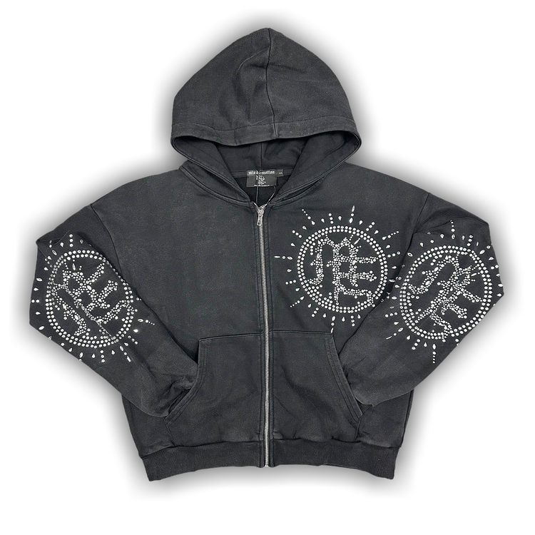 Mixed Emotion Eclipse Rhinestone Hoodie 'Grey Acid Wash'
