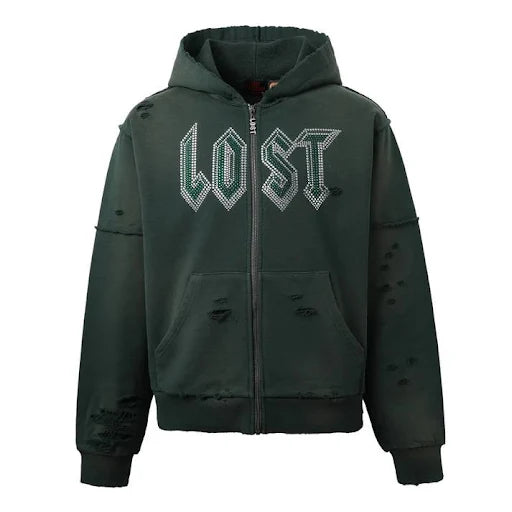 Lost Intricacy  Green  Rhinestone Zip Up Hoodie