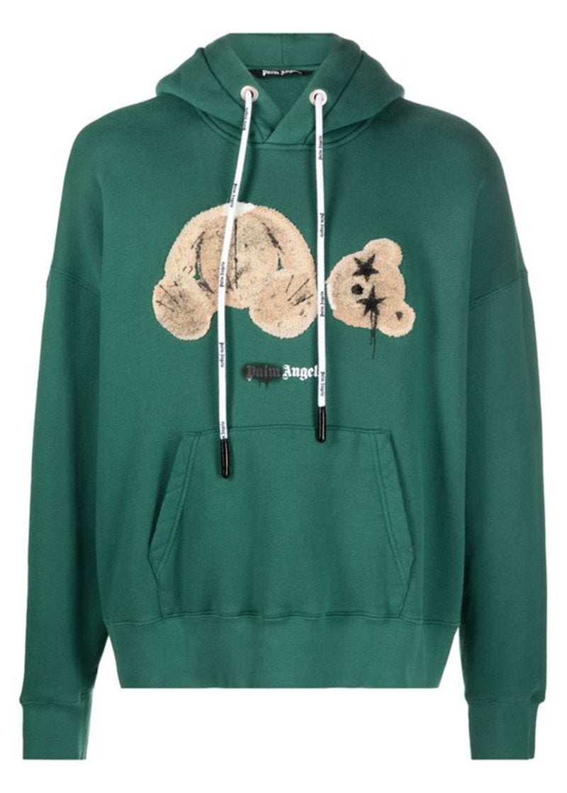 Palm Angels Bear Print Sprayed Logo Hoodie Green/Brown