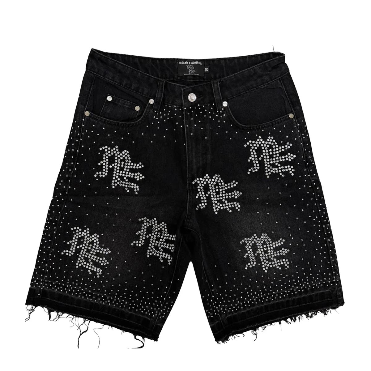 Mixed Emotion Black “ME” Rhinestone Denim Shorts