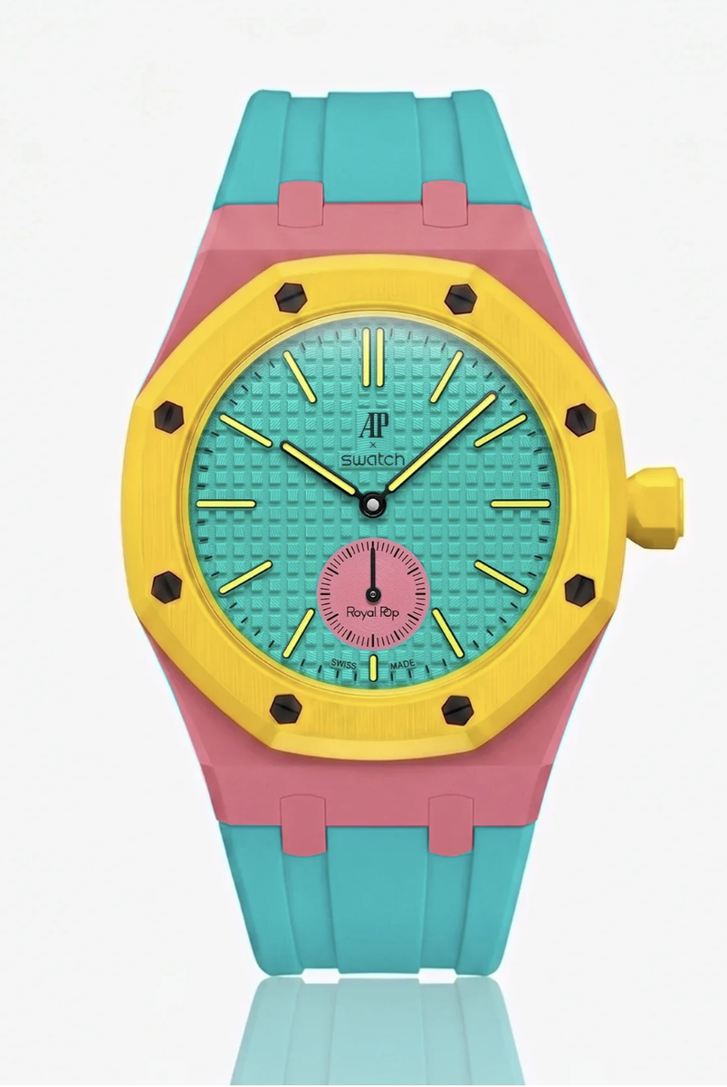 Swatch x Audemars Piguet AP Bioceramic Royal Pop Savonnette Otg Roz on OTG Pink case & Turquoise Strap