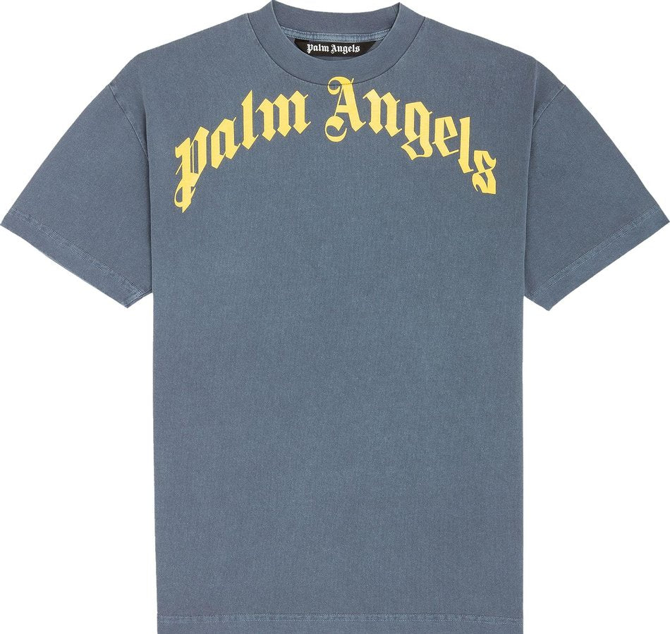 Palm Angels Vintage Wash Curved Logo T Shirt Navy Blue